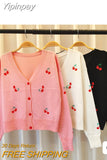 Yipinpay Neck Cropped Cardigan Embroidered Cherry Sweater Feminino Kawaii Long Sleeve Top Pull Femme Y2k Sueter Mujer Knit Coat