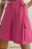 Yipinpay High Waisted Cargo Shorts Women Double Pocket Pleated 2023 Summer Casual Shorts Solid Straight Lady Pink Wide Shorts