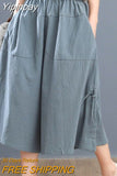 Yipinpay Summer Cotton Linen Oversized Loose Women's Pants Bloomers Wide-leg Pants Flares Elastic Waist Ladies Cropped Skirt Pants
