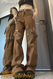 Yipinpay Brown Vintage Bandage Grunge Jeans Hip Hop Fairycore Mom Denim Pants Female 90s Street Style Wide Leg Trousers Women