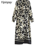 Yipinpay New Summer Women Printed Midi Dresses 2023 Elegant Fashion Turn Down Collar Dresses A-line Long Sleeve Mid-Calf Vestidos