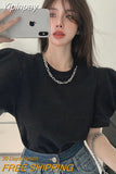 Yipinpay Right Shoulder Puff Short Sleeve T-shirts Summer Women's Crop Tops Cotton Tees Solid Wild O Neck Chain Tshirt Casual