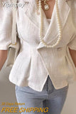 Yipinpay Puff Short Sleeve Slim High Crop Coat Double Breasted Cardigan Femme Suit New Y2k Chaquetas Mujer White Tweed Jacket