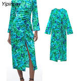Yipinpay 2023 Women Printed Folds Mid-Calf Dresses Elegant Female Beach Style Slim Party Vestidos Long Sleeved Dresses Soft Outwear