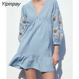 Yipinpay Fashin Women Embroidery Mini Dresses 2023 Summer Elegant V-neck Loose Solid Dress Causal A-line Long Sleeve Vestidos