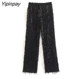 Yipinpay Spring Autumn Women Tassels Sequined Shirts Pant Sets 2023 Causal Single Breasted Top Elastic Waist Pants Outwear