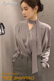Yipinpay Up V Neck Satin Shirt Blusa Feminina Long Sleeve Ribbon Top OL Slim Wild Elegant Chemise Femme Camisas De Mujer Blouse