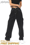 yipinpay Women Black Vintage Baggy Straight Jeans Street High Waist Mopping Wide Leg Pants Fashion Casual Denim Trouser Ladies Summer