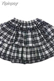 Yipinpay Women Skirt White Black Plaid Short Skirts Rivet Punk Style Double Layer High Waist Ball Gown MINI Skirt Female