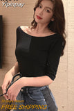 Yipinpay Slash Neck Women T-shirt Cotton Half Sleeve Harajuku Slim Casual T Shirt Female Elastic Plain Tshirts Woman Tee Tops