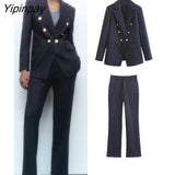 Yipinpay 2023 Women Striped Blazer Pant Sets Spring Autumn Long Sleeve Office Outfits Double Breasted Jacket Zipper Trouser Outwear