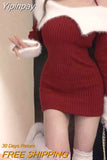 Yipinpay Winter Sexy Bodycon Knitted Dress Woman Solid Elegant Y2k Mini Dress Off Shoulder One Piece Dress Korean Style Slim Design