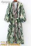 Yipinpay Woman Dress Green Print Midi Kimono Dress Women Summer 2023 Belt Long Puff Sleeve Japanese Style Wrap Long Dresses