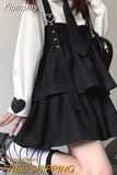 Yipinpay Kawaii Black Lolita Dress Women Ruffle Layered Japanese Sleeveless Strap Cute Mini Dress Preppy Style School Sundress