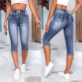 Yipinpay New High Waist Ripped Calf-Length Jeans For Women Fashion High Stretch Elastic Waist Denim Pencil Pants Casual Skinny Jeans