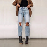 Yipinpay Fall New Retro Light Blue Ripped Jeans For Women High Waist Fashion Tassel Denim Straight Pants Casual Female Clothing