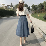 Yipinpay Women Long Denim Skirt Y2k Black High Waist Jeans Maxi Skirts for Female Knee Length A-line Skirt Fashion Korean Autumn Winter
