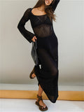 Yipinpay Fishnet Hollow Out Long Beach Dress Women Crochet Knitted Long Sleeve Wrap Party Dress Casual Club Streetwear