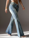 Yipinpay Winter New Retro Mid Waist Boot Cut Jeans For Women Fashion Slim Butt Lift Embroidered Denim Flared Pants Casual Trousers