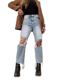 Yipinpay Fall New Retro Light Blue Ripped Jeans For Women High Waist Fashion Tassel Denim Straight Pants Casual Female Clothing