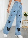 Yipinpay Fall Trousers High Waist Butterfly Print Y2K Jeans For Women Fashion Loose Denim Straight Leg Pants Casual Clothing XS-L