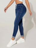 Yipinpay Fall New Women Elastic Waist Ankle-Length Jeans High Waist Stretch Fashion Drawstring Skinny Denim Pencil Pants S-2XL