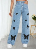 Yipinpay Fall Trousers High Waist Butterfly Print Y2K Jeans For Women Fashion Loose Denim Straight Leg Pants Casual Clothing XS-L