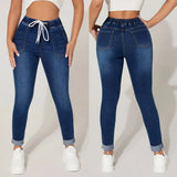 Yipinpay Fall New Women Elastic Waist Ankle-Length Jeans High Waist Stretch Fashion Drawstring Skinny Denim Pencil Pants S-2XL