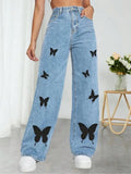 Yipinpay Fall Trousers High Waist Butterfly Print Y2K Jeans For Women Fashion Loose Denim Straight Leg Pants Casual Clothing XS-L