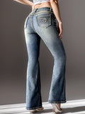Yipinpay Winter New Retro Mid Waist Boot Cut Jeans For Women Fashion Slim Butt Lift Embroidered Denim Flared Pants Casual Trousers