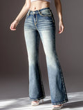 Yipinpay Winter New Retro Mid Waist Boot Cut Jeans For Women Fashion Slim Butt Lift Embroidered Denim Flared Pants Casual Trousers
