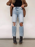 Yipinpay Fall New Retro Light Blue Ripped Jeans For Women High Waist Fashion Tassel Denim Straight Pants Casual Female Clothing