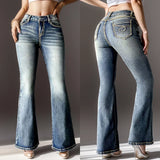 Yipinpay Winter New Retro Mid Waist Boot Cut Jeans For Women Fashion Slim Butt Lift Embroidered Denim Flared Pants Casual Trousers