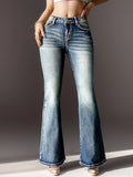 Yipinpay Winter New Retro Mid Waist Boot Cut Jeans For Women Fashion Slim Butt Lift Embroidered Denim Flared Pants Casual Trousers