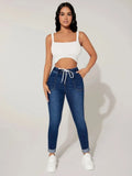 Yipinpay Fall New Women Elastic Waist Ankle-Length Jeans High Waist Stretch Fashion Drawstring Skinny Denim Pencil Pants S-2XL