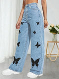 Yipinpay Fall Trousers High Waist Butterfly Print Y2K Jeans For Women Fashion Loose Denim Straight Leg Pants Casual Clothing XS-L