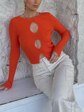 Yipinpay Women Cutout Knitted Sweaters Fall Winter Casual Solid Color Long Sleeve Round Neck Hollowed Cropped Jumpers Tops