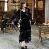 Yipinpay Winter Velvet Y2k Midi Dress Women Casual Black Vintage Dress Gothic Long Sleeve Bandage Elegant 2 Piece Set Dress Korean