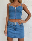 Yipinpay Blue Denim Two Pieces Skirts Sets Women Jeans Streetwear Low Cut Straps Bustier Crop Tops+Mini Bodycon Skirts Club Sets