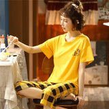 Yipinpay Women Pajamas 2024 New Cute Cartoon Short-Sleeved Shorts Pijamas Two-Piece Ladies Loose Nightie Sleepwear Home Clothes