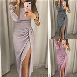 Yipinpay Women Off Shoulder Half Sleeve Slim Bodycon Ruffles Elegant Solid Color Evening Party Split Dress Formal Dresses
