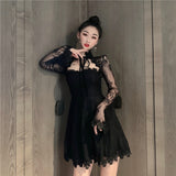 Yipinpay Vintage Dress Women Fairy Elegant Chic Lace Hollow Out Sexy Mini Party Dress Female One Piece Dress Korea New Autumn 2023