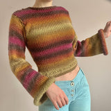Yipinpay Vintage Rainbow Striped Knitted Sweaters Autumn Winter Crimping Long Sleeve Cropped Pullovers Jumpers Streetwear Chic Women