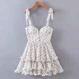 Yipinpay Sexy Sling Dress Women Floral Print Layer Ruffle Cake Mini Dress Sweet Ladies Holiday Party Short Robe Chic Vestido