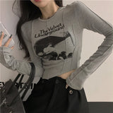 Yipinpay Print Cropped Tops 90s Vintage Women Long Sleeve Skinny T-shirt Y2K Female Autumn Basice Tees Harajuku Streetwear