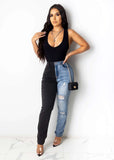 Yipinpay Hot Sale Black Blue Contrast Color High Waist Jeans For Women Fashion Hole Stretch Denim Pencil Pants Hipster Trousers