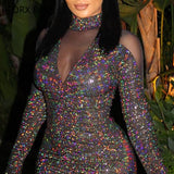 Yipinpay Women Chic Long Sleeves Turtleneck Sequins Patchwork Mesh Bodycon Sexy Mini Party Dress