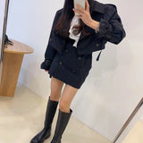 Yipinpay Vintage Long Sleeve Lapel Double-breasted Trench Coat Women Short Khaki Cardigan Tops Sexy Black Mini Skirts Dress Sets Suits