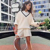 Yipinpay Autumn Winter Knit Korean Loose Pullover Sweatshirts Chic Tops White Long Sleeve V-neck Knitted Sweater Women's Sweaters