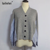 Yipinpay Patchwork Sweater Button Cardigan Laine Lovely Jumper V Neck Black Grey Sweaters Casual Women Autumn Knitting Stripe Tops